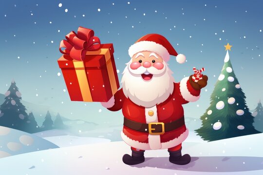 Santa Clause bringing a huge gift box for Christmas - stock picture