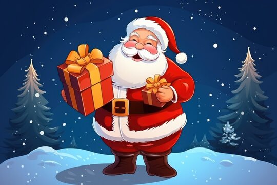 Santa Clause carrying a huge gift box for Christmas - stock picture