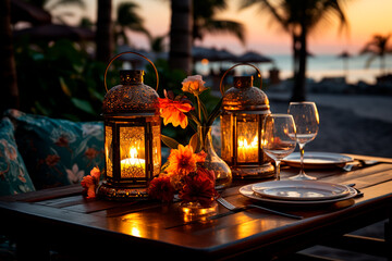 Fototapeta na wymiar sunset with a beautiful table with a candle, flowers and a lantern