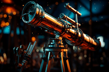 old antique telescope in a dark sky, moon and stars.