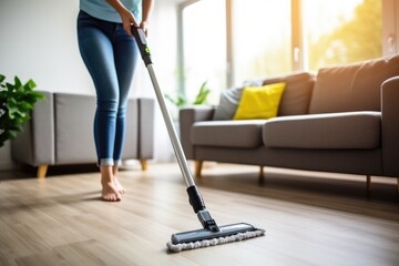 Young cleaning the floor of a modern living room - stock picture