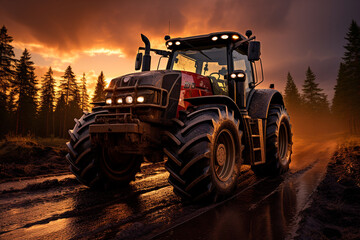 tractor with the dirt on the field in the evening