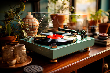 turntable player playing with vinyl record on a record
