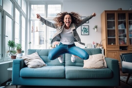 Young happy woman jumps on the couch - stock picture