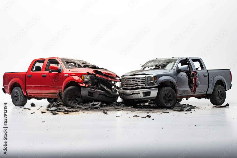 Wall mural two Cars accident violently facing each other, on isolated white background Generative ai