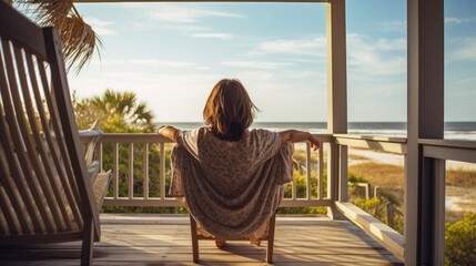 young woman relaxing on the porch of a beach house - stock picture - obrazy, fototapety, plakaty