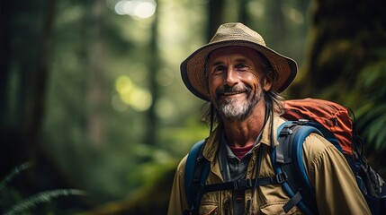 Obraz premium Old man is in the forest, tourist. Beautiful illustration picture. Generative AI