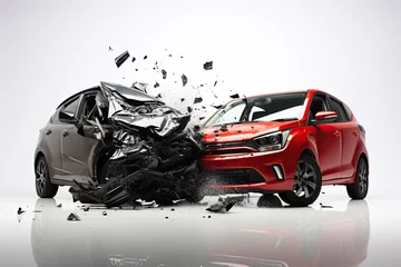 Selbstklebende Fototapete Schiffswrack two Cars accident violently facing each other, on isolated white background Generative ai