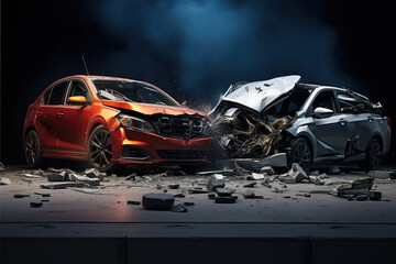 two Cars accident violently facing each other, on dark background Generative ai - 637913166