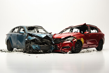 two Cars accident violently facing each other, on isolated white background Generative ai - 637913188