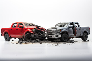 two Cars accident violently facing each other, on isolated white background Generative ai
