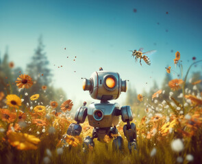 Little cute robot lost in a field full of flowers on a beautiful day, discovering the earth and exploring nature with curiosity, being surprised by a flying bee