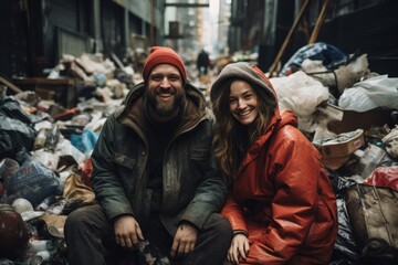 Fototapeta premium American couple are smiling, in the garbage, in city. Beautiful illustration picture. Generative AI