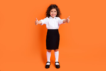 Full body photo of little kid pupil enjoying learning school make thumb up symbol isolated bright color background