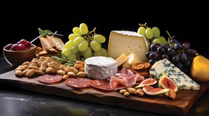 A wooden board overflows with an assortment of artisanal cheeses, cured meats, and fresh fruits....