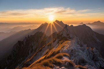 A colorful sunset over a majestic mountain range