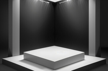 Abstract catwalk for goods in a futuristic style in the light of spotlights. Ai generation.