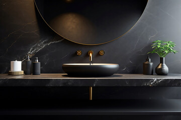 Black bathroom interior design, round mirror countertop basin and wall-mounted copper faucet on marble counter in modern luxury minimal and masculine style. - obrazy, fototapety, plakaty