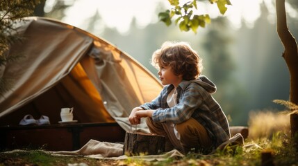 Adventurous young boy sets up a campfire. Beautiful illustration picture. Generative AI