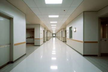 Hospital corrido at night, interior of modern hospital hallway in white and beige color, no people healthcare background.