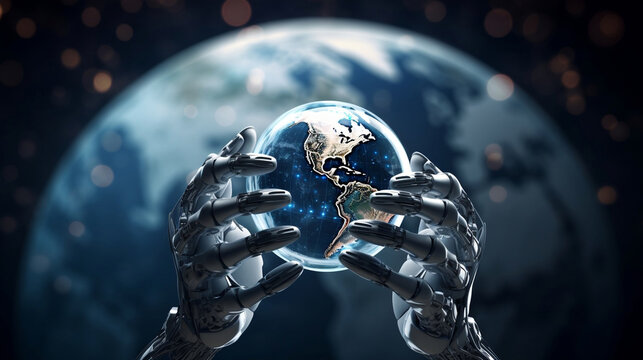 Artificial intelligence robot hands holding glowing earth globe with blurred planet earth background, tech revolution and AI help human save the world concept.