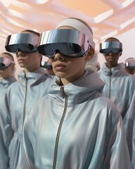 A group of people wearing futuristic virtual reality eyewear, adorned in sleek silver goggles, explore a thrilling new reality with an infectious sense of excitement and anticipation