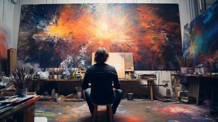 Artist works on a canvas in his studio. Beautiful illustration picture. Generative AI
