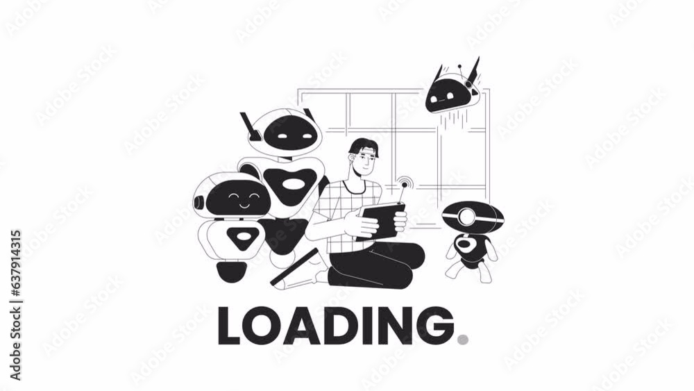 Poster stem robotics bw loading animation. asian robotic engineer operates robots outline 2d cartoon charac