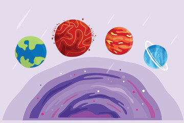 Planets, stars, asteroids, and comets in outer space. Galaxy concept. Colored flat vector illustration isolated. 