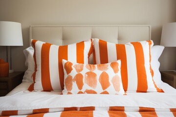 A modern and vibrant bedroom with striped pillows on the bed