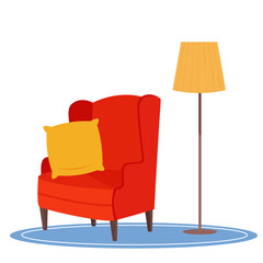 Cozy red armchair with a yellow cushion on it. Floor lamp and armchair with ears on white background