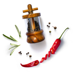traditional italian pepper shaker, red chilli pepper and green organic rosemary leaves isolated on white background. Transparent background and real natural transparent shadow; Ingredient, spice for c