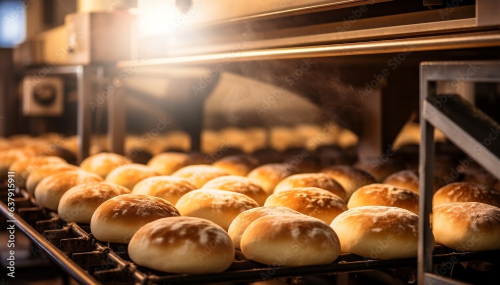 Wall mural close up on a freshly baked buns on a production line in professional bakery