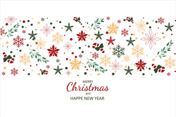 Horizontal Christmas border with Christmas decor and space for an inscription. Merry Christmas and Happy New Year header or banner. Wallpaper or background decor.