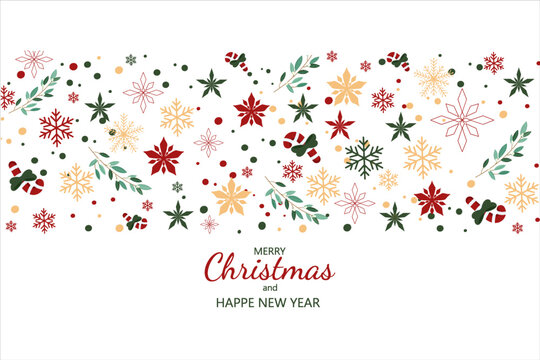 Horizontal Christmas border with Christmas decor and space for an inscription. Merry Christmas and Happy New Year header or banner. Wallpaper or background decor.