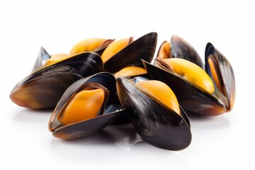 A pile of fresh mussels on a clean white surface
