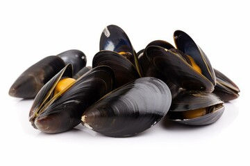 A pile of fresh mussels on a clean white background