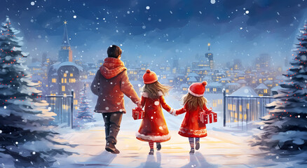 An painting of christmas day with kid,child and gift present in snow falling with night miracle dreamy.celebration festival and happy new year concepts.generative ai images