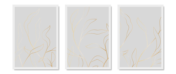 Fototapeta na wymiar Golden botanical wall art vector set. Earth tone, foliage with abstract shape, floral design for print, cover, wallpaper, minimal and natural wall art.