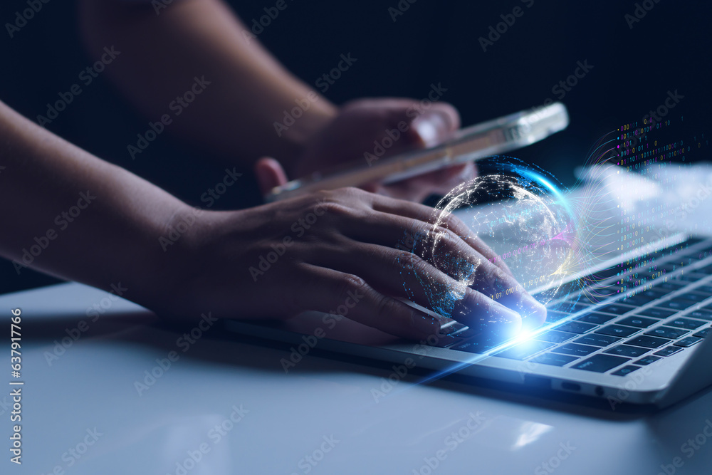 Wall mural web 3 concept. businessman hand show web 3 with globe. ai technology global network, future technolo