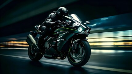 Fototapeta premium A young driver with proper driving black gear driving a sports bike at a high speed on the highway with lights blurred in the background during a rainy weather with dark clouds