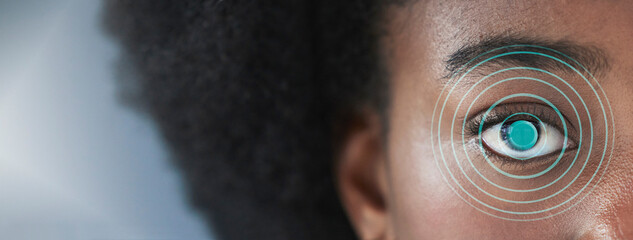 Black woman, eye scan and futuristic biometric in verification, identification or access on banner....