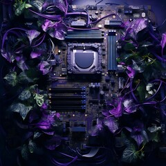 Fototapeta premium abstract background of a pc motherboard, server with gears circuits and fans in purple colors and green leaves 