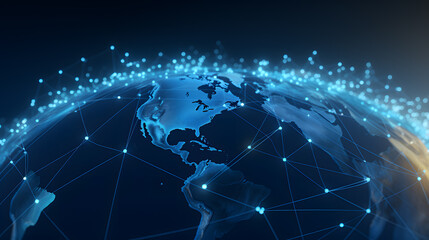 A blue earth background with futuristic technology, global connect everywhere concept, metaverse technology network digital communication and worldwide network, 3d illustration, Canva, copy space
