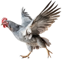 Flying grey domestic chicken isolated on a white background as transparent PNG, animal