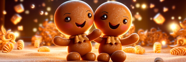 Christmas banner with cute couple Gingerbread Men. Generative AI. Two Charming Gingerbread Puppets. Header for website, party, sale. Christmas cheer