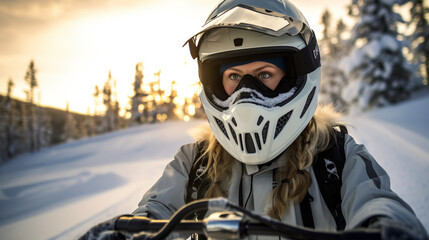 A woman navigating a snow-covered trail on a snowmobile her goggles protecting her eyes from the wind. The snowy landscape stretches out in front of her as she enjoys the exhilarating ride. 