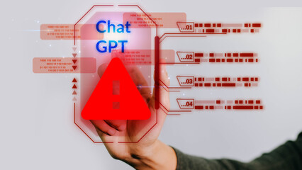 Hand pointing finger at GPT virtual chat screen running system error.