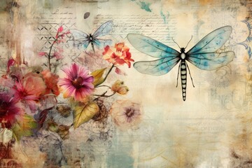 Background with old book pages with dragonflies. Beautiful illustration picture. Generative AI