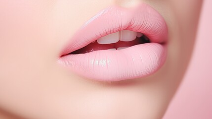 Obraz premium Woman lips, close up view, pastel pink. Beautiful illustration picture. Generative AI
